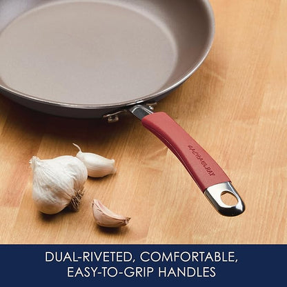 Rachael Ray Cucina Dishwasher-Safe Hard-Anodized Pots and Pans Set Non Stick Cookware, 12-Piece, Gray with Red Handles