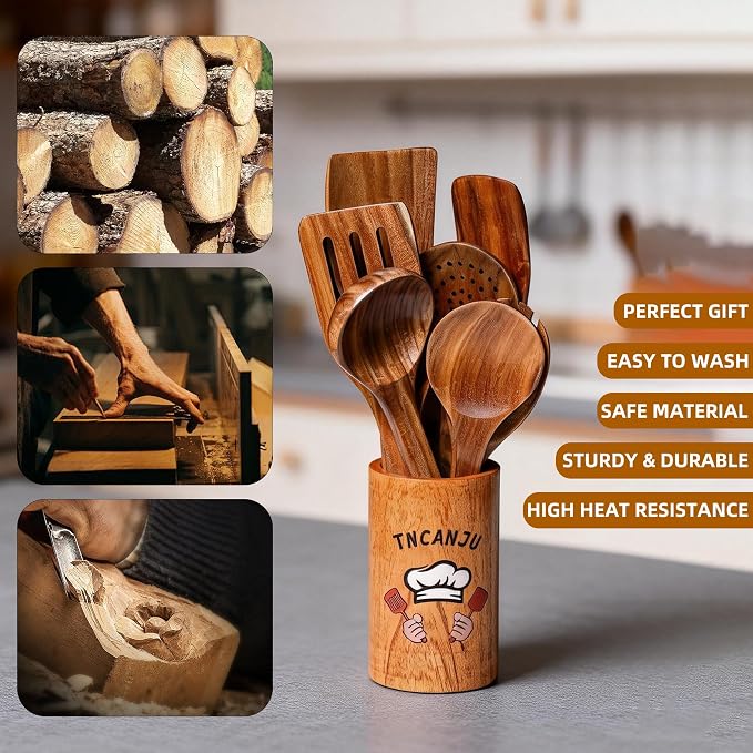 Wooden Spoons for Cooking, 10 Pcs Acacia Wood Cooking Utensils Set with Hand Painted Holder, Wooden Kitchen Utensils Set for Nonstick Cookware, Gift Box