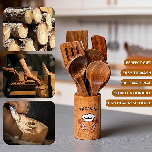 Wooden Spoons for Cooking, 10 Pcs Acacia Wood Cooking Utensils Set with Hand Painted Holder, Wooden Kitchen Utensils Set for Nonstick Cookware, Gift Box