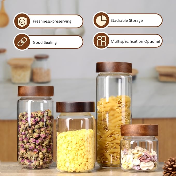 13.5 fl oz/400 ml Glass Jar with Airtight Wooden Screw Top Lid, Clear Stackable Food Storage Canister, Small Cute Decorative Glass Container for Coffee, Candy, Cookie, Sugar, Oatmeal, Salt