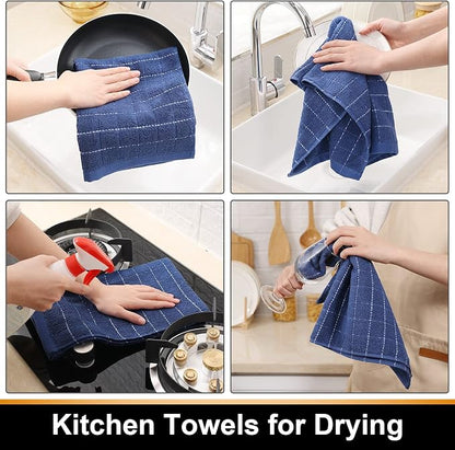 Mordimy 100% Cotton Terry Cloth Kitchen Towels, Super Soft and Absorbent Dish Towels for Drying, Checkered Designed Hand Towels, 16 x 26 Inches, 4 Pack, Navy Blue