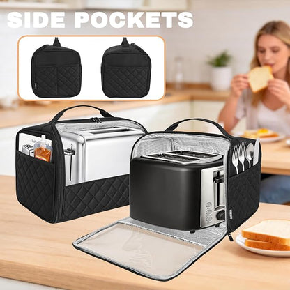 Wide Slot Toaster Cover 2 Slice with Enclosed Bottom and Side Pockets, Bag Compatible with Amazon Basics, Hamilton Beach,Cuisinart, Bella and Other 2 Slice Toaster, Black