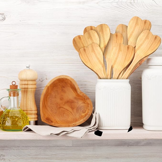 Heart Shaped Wooden Spoon 12 Inch Bamboo Kitchen Utensils Love Heart Spatula Kitchen Serving Spoons for Mixing Cooking Baking Stirring Hostess Gifts Mother's Day Wedding (8 Pcs)