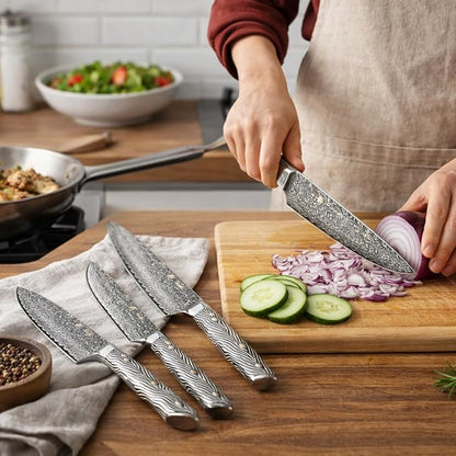 Wakoli Noir Blanc Damascus Knife Block Set – 5-Piece Professional Chef Knife Collection with Magnetic Block – Kitchen Knives made of 67-Layer Damascus Steel Blades & Ergonomic G10 Handles in Gift Box
