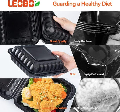 8 Inch 34oz 55-Pack Black To Go Boxes - Shrink Wrapped No Pre-Wash | BPA Free Sturdy Reusable & Elegant | Microwave Safe for Hot Meals, Leftovers & Events | Disposable Takeout Food Containers