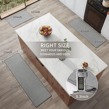YDKGL Kitchen Mat Kitchen Rugs Sets of 2 PCS Non Slip Washable, Linen-Like 0.3" Thick Cushioned Absorbent Kitchen Mats for Floor, Mild Anti-Fatigue Sink Laundry Standing Mat, Gray 17"x30"+17"x59"