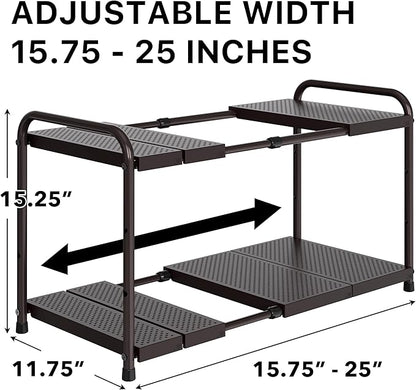 Simple Houseware Under Sink 2-Tier Heavy Duty Expandable Rack Organizer, Adjustable Width 15.75–25 Inches with 4 Shelf Height Levels, Bronze