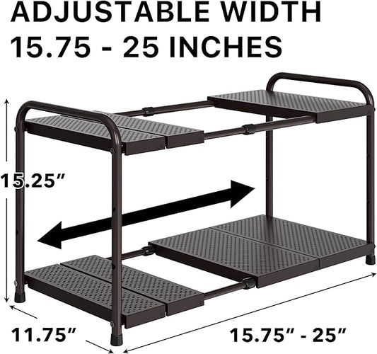 Simple Houseware Under Sink 2-Tier Heavy Duty Expandable Rack Organizer, Adjustable Width 15.75–25 Inches with 4 Shelf Height Levels, Bronze