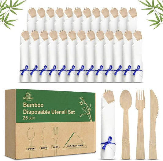 Prerolled Disposable Bamboo Cutlery Set – 25 Pack Pre Wrapped Silverware and Napkin Bundle with Forks, Knives, Spoons for Parties, Weddings, Events, and BBQ (Blue String)