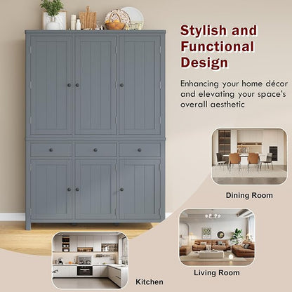 74.8''H High Freestanding Kitchen Pantry, Wooden Kitchen Organizers Cupboard Storage Cabinet with Door Shelves, Adjustable Shelves, Pull-out Trays and Drawers for Dining Room Living Room (Gray-2.12)