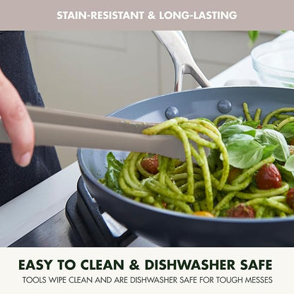 GreenPan Silicone Tong, Cooking Grilling Serving, Salad, Kitchen Utensil, Flexible Rubber Nonstick Cookware, Rigid Steel Core, Heat-Resistant, Anti-Slip Handle, BPA-Free, Dishwasher Safe, Taupe