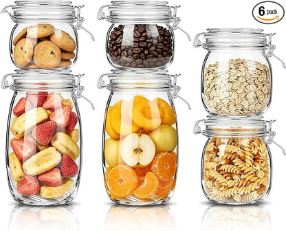 Glass Storage Jars with Airtight Lids Set of 6 (17 oz/26 oz/50 oz), Clear Glass Canister Containers Food Storage for Kitchen Pantry, Flour Sugar Coffee Beans Cereal Spice Tea, BPA-free