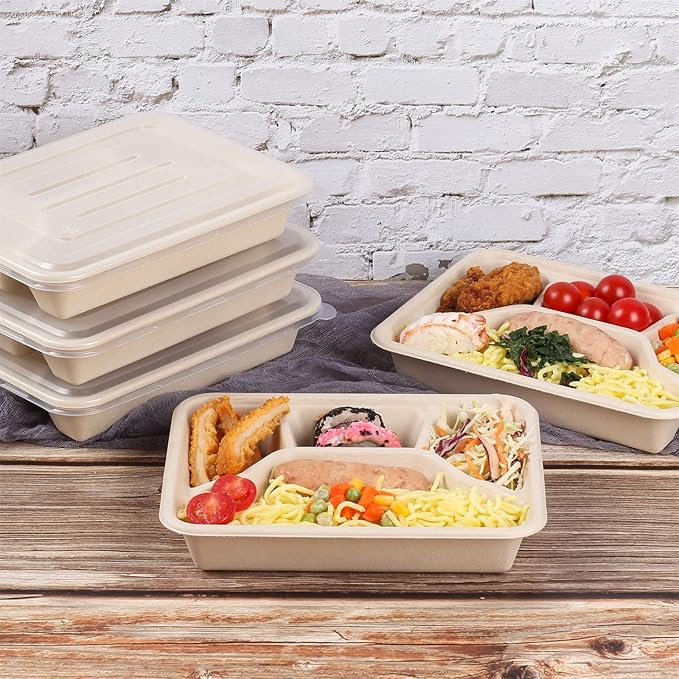 Sugarcane Fiber 24 oz 4 Compartments disposable plates with Lids Bagasse Plant Fibers Freezer Safe 50 Pack