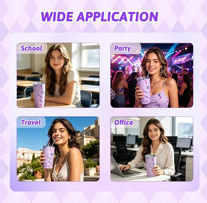 Glowvibe Kpop Cup - Purple Lightning Stainless Steel Reusable Tumbler,20 Oz Insulated Travel Coffee Mug with Lid and Straw for Iced Coffee Smoothie, Korean Pop Gifts for Women Girls Birthday Concert