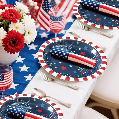 Dereinwo 100 PCS Patriotic Paper Plates and Napkins | Bundle Includes Paper Oval Dinner Plates Dessert Plate and Napkins for 4th of July Independence Day Party Supplies