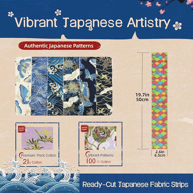 Heavyweight 100% Cotton Fabric Pack, 40 Pcs Japanese Style Precut Strips | 2.6x19.7 Inches for Quilting, Sewing & DIY Projects
