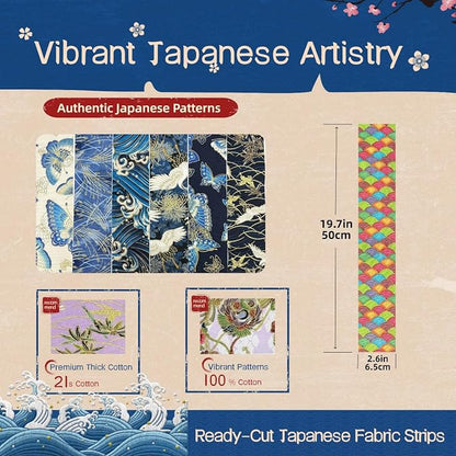 Heavyweight 100% Cotton Fabric Pack, 40 Pcs Japanese Style Precut Strips | 2.6x19.7 Inches for Quilting, Sewing & DIY Projects