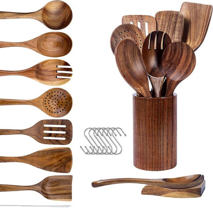Teak Wood Cooking Utensils Set - 9-Piece Nonstick Safe Kitchen Utensils with Holder, Spoon Rest & 6 Metal Hooks, Natural Wooden Cookware for Nonstick Pans (Premium Durable Utensil Set