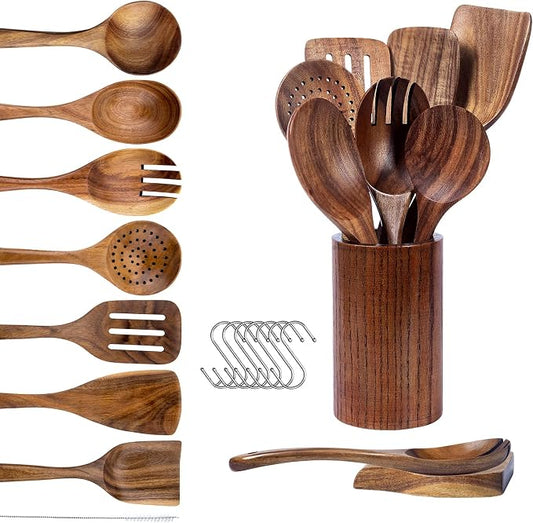 Teak Wood Cooking Utensils Set - 9-Piece Nonstick Safe Kitchen Utensils with Holder, Spoon Rest & 6 Metal Hooks, Natural Wooden Cookware for Nonstick Pans (Premium Durable Utensil Set