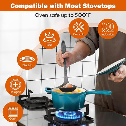 Homikit 1 QT & 2 QT Saucepan Set, Enameled Cast Iron Saucepan with Lid for All Cooktops, Small Pot Mini Dutch Oven for Kitchen Cooking, Boiling, Nonstick & Heavy Duty, Teal Ombre