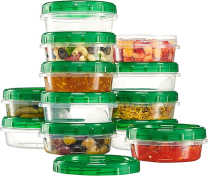 PLASTICPRO 6 Pack Twist Cap Food Storage Containers with Green Screw on Lid- 8 oz Reusable Meal Prep Containers - Freezer and Microwave Safe Green Plastic Food Storage
