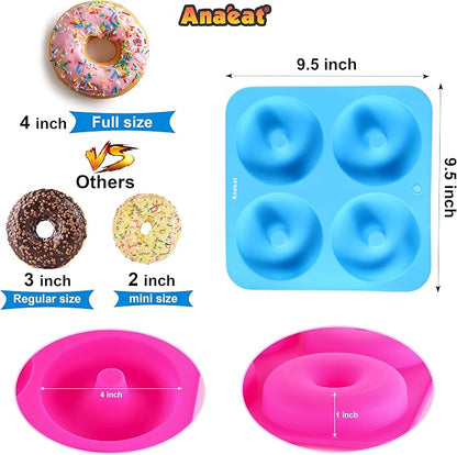 Anaeat Full Size Donut Baking Pans 3 Pack, Big Size 4 Inch Silicone Baking Mold, Just Pop Out! Non Stick 6-Cavity Doughnut Trays for Bagels Donuts Cake Biscuit - BPA Free & Dishwasher Safe (3 colors)