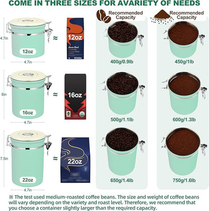 ShanSon Coffee Canister Airtight, Stainless Steel Bean Storage Container with Date Tracker & Scoop, Grounds Sugar Flour Tea Cereal Fits Kitchen Pantry, Ideal Gift for Coffee Lovers,12oz,Green