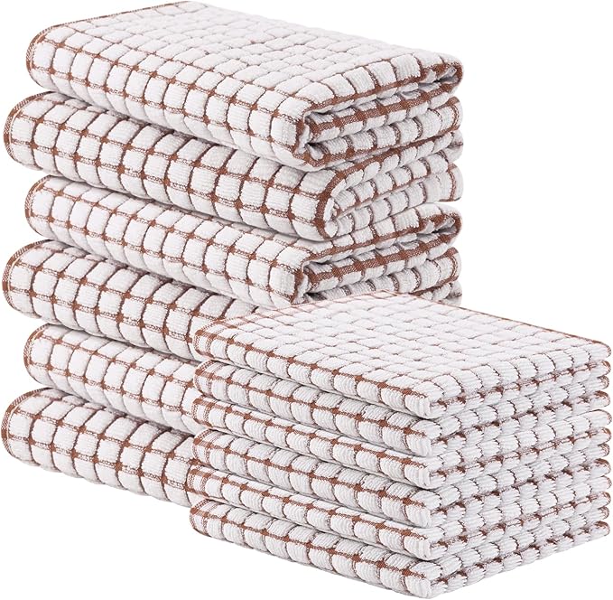 Homaxy Kitchen Towels and Dishcloths Set, 16 x 25 and 12 x 12 Inches, Set of 12 Cotton Terry Kitchen Dish Towels, Super Soft and Absorbent Dish Cloths, Brown
