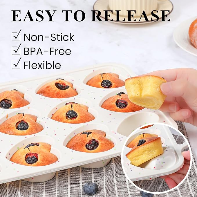 FUNBAKY 2 Pcs Heart Shaped Silicone Muffin Pan，Metal Reinforced Frame, 12-Cavity Nonstick Silicone Heart Mold for Muffins, Cupcakes, Bread,Chocolate Muffin and Tartlets