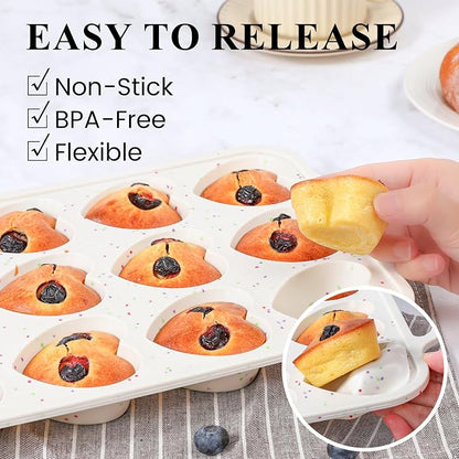 FUNBAKY 2 Pcs Heart Shaped Silicone Muffin Pan，Metal Reinforced Frame, 12-Cavity Nonstick Silicone Heart Mold for Muffins, Cupcakes, Bread,Chocolate Muffin and Tartlets