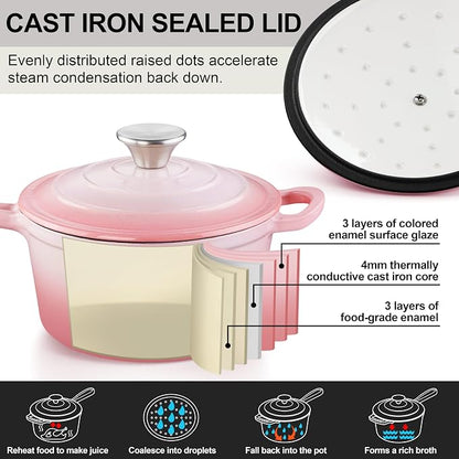 2 Quart Sauce Pan with Lid, Leonyo Small Cooking Pots, Enameled Cast Iron Cookware Set Simmer Pots for Kitchen Induction Boiling Soup, Bread, Ramen - Up to 500°F & Oven Safe, Pink