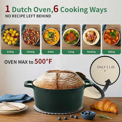 Enamel Cast Iron Dutch Oven with Lid, Round Casserole Pot for Bread Baking, Braising, Roasting, and Stews, Heavy-Duty, Oven Safe, Induction Compatible (4.7QT,Green)