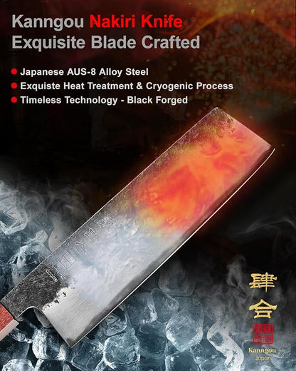 kanngou 7 inch Nakiri Knife Japanese Chef Knife, AUS-8 Alloy Steel Vegetable Japanese Cleaver with Red Sandalwood and Eboy Wood Handle, Chopping Knife with Premium Gift Box (WA Series)