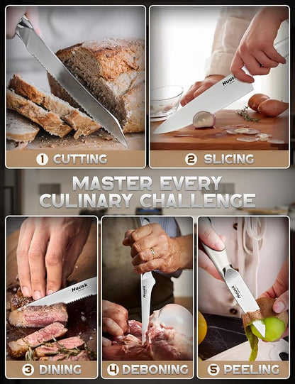 Huusk Knife Set with Block - 14 Pieces Japanese Stainless Steel Knives Blocks Set for Kitchen with Ergonomic Ivory White Handle Natural Wood Block Housewarming Gift for Women Men