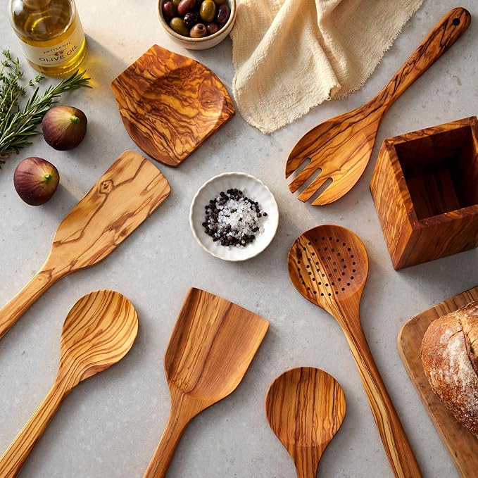 Qinyoung 10 Pack Olive Wood Cooking Utensils Olive Wood Kitchen Utensils Mixing Spatula Spoon Fork Set with Gift Box for Cooking Baking Meal, Birthday Anniversary Mother's Day Housewarming Gifts