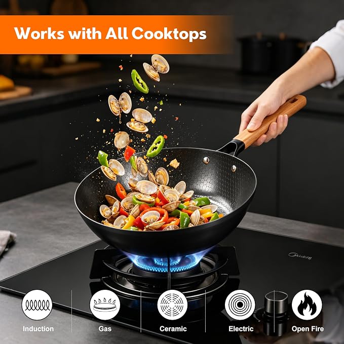 11-Inch Carbon Steel Frying Pan with Glass Lid, Pre-Seasoned Skillet with Honeycomb Interior, Deep Nonstick Fry Pan for Eggs, Omelets, Fried Rice, All Cooktops Compatible, Oven Safe 450°F