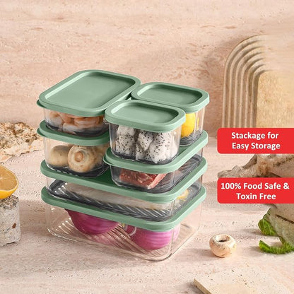 EATEX Grooved Base Glass Meal Prep Containers, 14 Pack Glass Storage Containers with Lids for Meal Prep & Lunch, Microwave Oven Freezer Dishwasher Safe, Anti Moisture Non-Stick Design - Sage Green