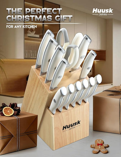 Huusk Knife Set with Block - 14 Pieces Japanese Stainless Steel Knives Blocks Set for Kitchen with Ergonomic Ivory White Handle Natural Wood Block Housewarming Gift for Women Men