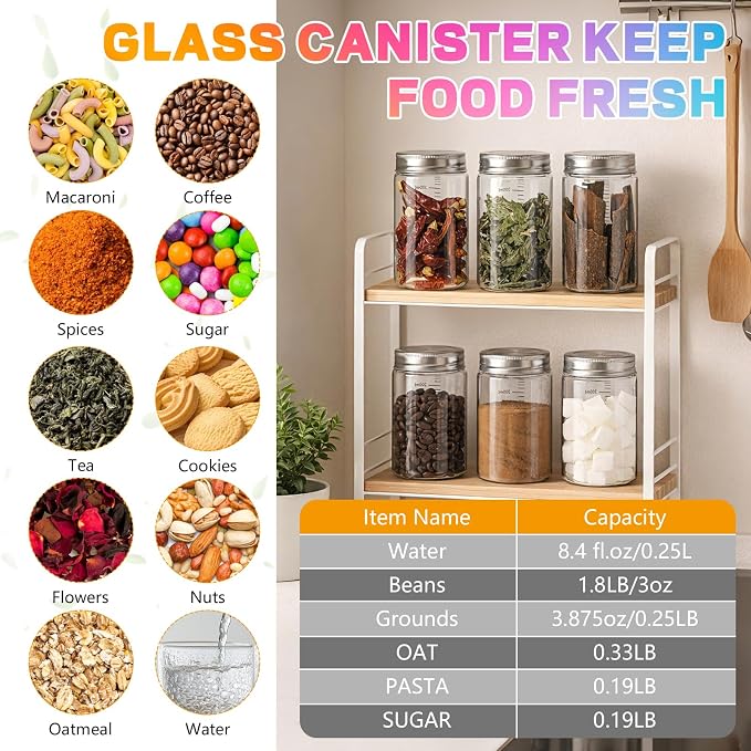 8 oz Small Glass Jars with Airtight Lid 6 pc Round Spice Jars Sugar Coffee Ground Container Storage Canister Bottle Jars for Juice Tea Pantry Yogurt Seasoning Overnight Oatmeal(6×250ml(8.4oz))