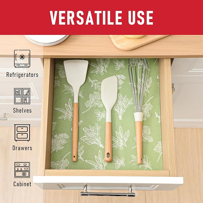 Cooyes Shelf Liner for Refrigerator & Drawer, Non-Adhesive Cabinets Liner for Kitchen Cupboard & Fridge, Breathable Cloth Material, Vegetable-Patterned, 12" x 360", Sage Green