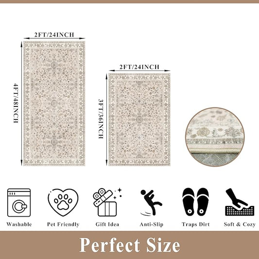 Kitchen Rugs Non-Slip Washable 2 Piece, Modern Boho Low Pile Stain-Resistant Floor Mats Set for Hardwood Floors, Soft Small Decorative Rugs (Beige, 2x3+2x4)