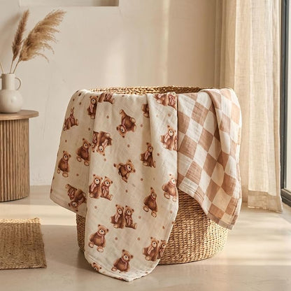 4-Pack Muslin Swaddle Blankets for Newborns | 100% Cotton Breathable Soft Muslin, Large 31.5"x43.3" | Multi-Use Stroller Sunshade Nursing Cover & Receiving Blanket, Bear Checkered