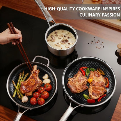 VINGLI 10 Pcs Non-Stick Cookware Set, Stainless Steel Pots and Pans Set with Lids, Non-Toxic Saute Sauce Pot, Soup Pot, Frying Pan, PFOA & PTFE Free, Compatible for All Cooktops