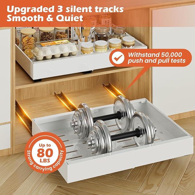 1Pack Expandable Pull Out Cabinet Organizer 16.5"Deep, Adjustable Width 12.2"-20.4" Slide Out Drawers & Roll Out Shelves for Kitchen Cabinets, Easy Install with Double-Sided Adhesive, White
