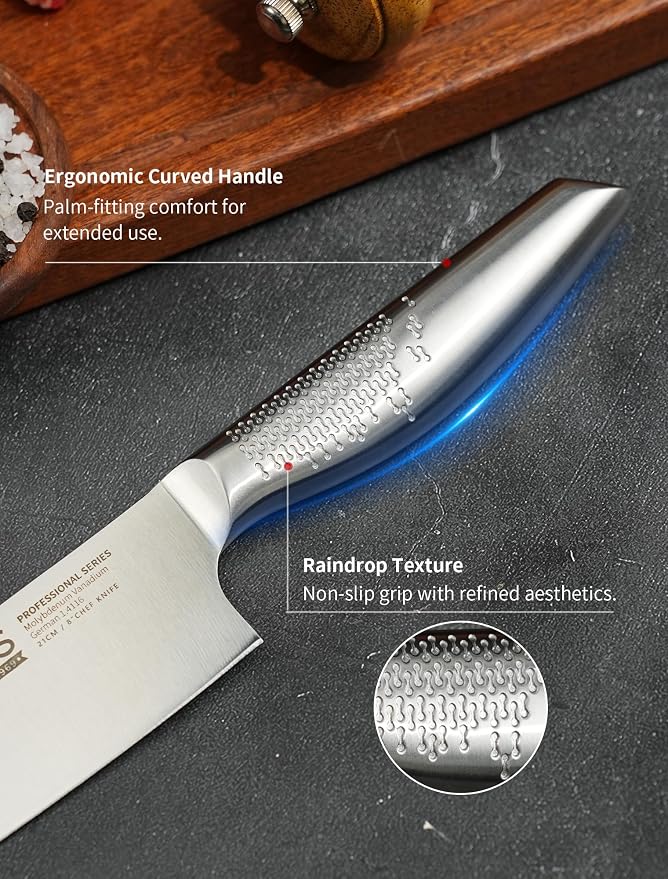8 Inch Japanese Kitchen Knife – Professional Gyuto Chef Knife Made of 1.4116 German Steel, All-Steel Anti-Slip Handle, Razor Sharp Blade in Gift Box for Home & Restaurant