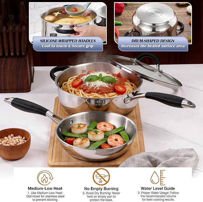 E-far Stainless Steel Cookware Set - Induction Tri-Ply Base Pots and Pans, 10-Piece Non-Toxic Kitchen Cooking Set w/Stay-Cool Handle, Frying Pans, Saucepans, Stockpot with lid, Oven & Dishwasher Safe
