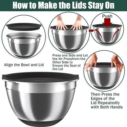 Mixing Bowls with Airtight Lids Set, 4 Stainless Steel Bowls Nesting Bowls & Colander, Kitchen Organizers and Storage Non-Slip Bottom, Size 1.5/2.0/2.5/4.5QT, Great for Mixing & Serving, Black