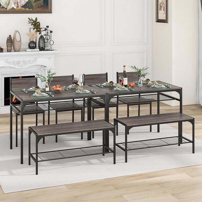Giantex Dining Table Set for 4, Kitchen Table with Chairs & Bench, Storage Racks, Metal Frame, 4-Piece Space-Saving Dinette Set for Dining Room, Breakfast Nook, Small Space, Apartment, Grey