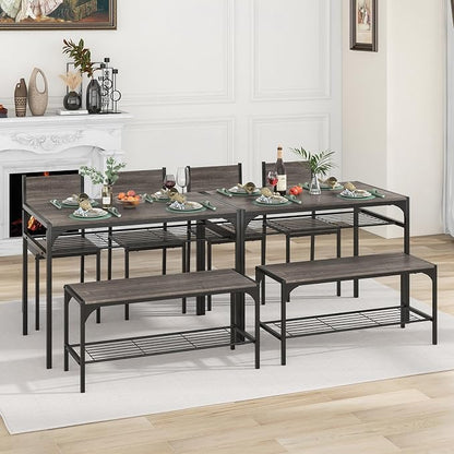 Giantex Dining Table Set for 4, Kitchen Table with Chairs & Bench, Storage Racks, Metal Frame, 4-Piece Space-Saving Dinette Set for Dining Room, Breakfast Nook, Small Space, Apartment, Grey