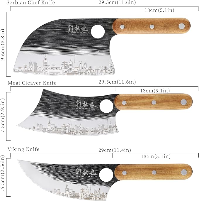 3PCS Butcher Knife Set, 7" Butcher Meat Cleaver, 7" Serbian Chef Knife and 6.5" Viking Knife, Hand Forged Butcher Knife with Wooden Handle, Ideal for Home, Camping, BBQ (Unique Pattern)